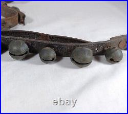 21 Antique Brass Petal Crotal Sleigh Bells On A Poor Leather Horse Belt Strap