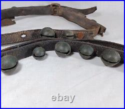 21 Antique Brass Petal Crotal Sleigh Bells On A Poor Leather Horse Belt Strap