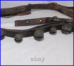 21 Antique Brass Petal Crotal Sleigh Bells On A Poor Leather Horse Belt Strap