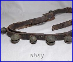 21 Antique Brass Petal Crotal Sleigh Bells On A Poor Leather Horse Belt Strap
