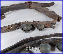 21 Antique Brass Petal Crotal Sleigh Bells On A Poor Leather Horse Belt Strap