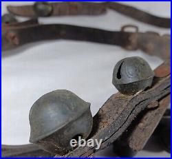 21 Antique Brass Petal Crotal Sleigh Bells On A Poor Leather Horse Belt Strap