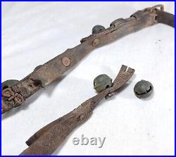 21 Antique Brass Petal Crotal Sleigh Bells On A Poor Leather Horse Belt Strap