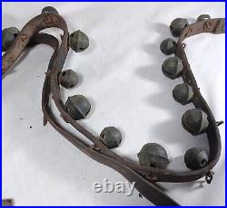 21 Antique Brass Petal Crotal Sleigh Bells On A Poor Leather Horse Belt Strap
