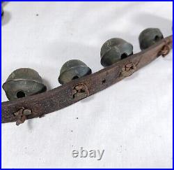 21 Antique Brass Petal Crotal Sleigh Bells On A Poor Leather Horse Belt Strap