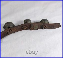 21 Antique Brass Petal Crotal Sleigh Bells On A Poor Leather Horse Belt Strap