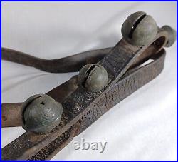 21 Antique Brass Petal Crotal Sleigh Bells On A Poor Leather Horse Belt Strap