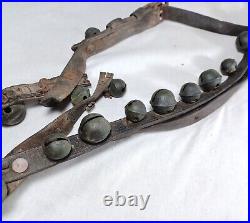 21 Antique Brass Petal Crotal Sleigh Bells On A Poor Leather Horse Belt Strap