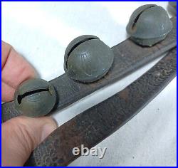21 Antique Brass Petal Crotal Sleigh Bells On A Poor Leather Horse Belt Strap