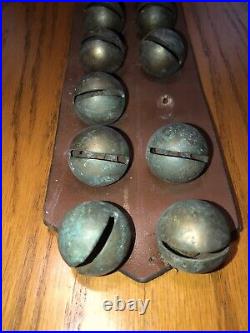 21 Vintage / Antique Brass Sleigh Bells On Wide Leather Strap