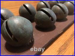 21 Vintage / Antique Brass Sleigh Bells On Wide Leather Strap