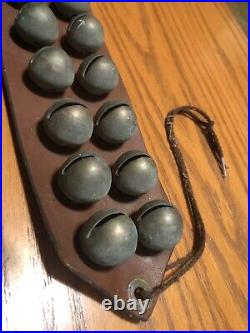 21 Vintage / Antique Brass Sleigh Bells On Wide Leather Strap