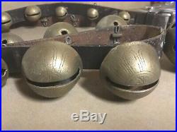 24 Antique Graduated Brass Petal Sleigh Bells Leather Strap All Original