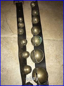 25 Antique Graduated Brass Sleigh Bells On Leather Horse Strap Christmas