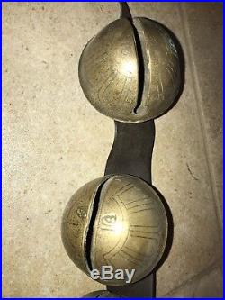 25 Antique Graduated Brass Sleigh Bells On Leather Horse Strap Christmas