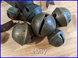 27 ANTIQUE BRASS EMBOSSED some NUMBERED HORSE SLEIGH BELLS very old! Rare