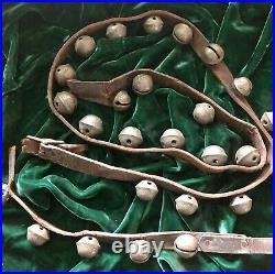 2 Antique 1 Brass Sleigh Bells 80 Long total Leather Straps w 26 Jingle Bells
