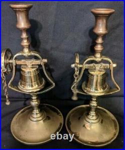 2 Antique Brass Tavern Service Bell Candlesticks