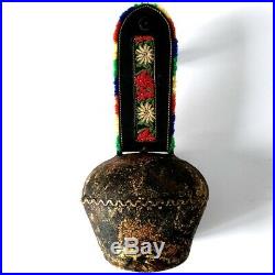 2 Large Antique Brass German Cow Bells Rainbow Embroidered Leather Strap Rustic