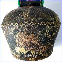 2 Large Antique Brass German Cow Bells Rainbow Embroidered Leather Strap Rustic