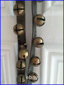 30 Classic 19th Century Antique Brass Sleigh Bells On 5.5' Leather Strap
