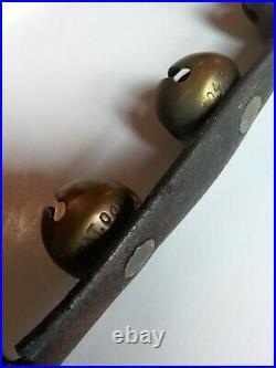 30 Classic 19th Century Antique Brass Sleigh Bells On 5.5' Leather Strap