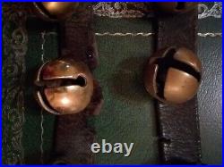 30 Classic 19th Century Antique Brass Sleigh Bells On 5.5' Leather Strap