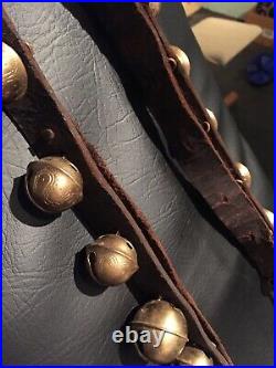 35 Antique Graduated Brass Petal Sleigh Bells Leather Strap All Original 6 Feet