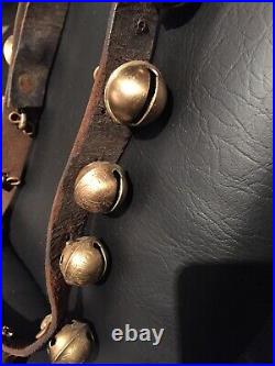 35 Antique Graduated Brass Petal Sleigh Bells Leather Strap All Original 6 Feet