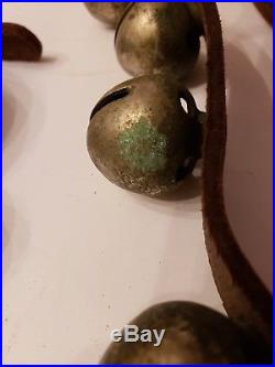 35 Antique Nickel over Brass Horse Sleigh Bells On Leather Strap Christmas Time