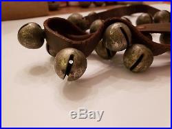 35 Antique Nickel over Brass Horse Sleigh Bells On Leather Strap Christmas Time