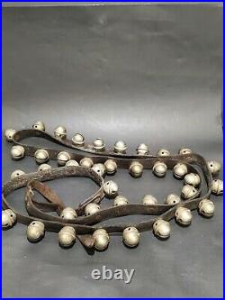 39 Antique Brass / Metal Sleigh Bells On 52 Long Leather Strap