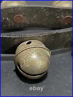 39 Antique Brass / Metal Sleigh Bells On 52 Long Leather Strap