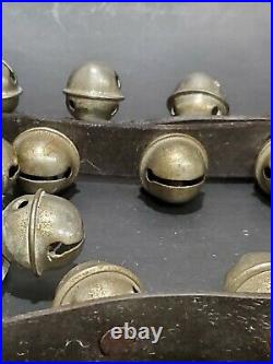 39 Antique Brass / Metal Sleigh Bells On 52 Long Leather Strap