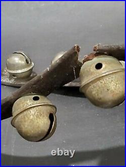 39 Antique Brass / Metal Sleigh Bells On 52 Long Leather Strap