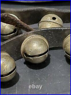 39 Antique Brass / Metal Sleigh Bells On 52 Long Leather Strap