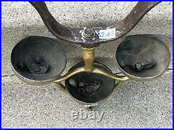 3 BRASS Vintage SLEIGH BELLS with HORSE HEAD Finial Iron BRASS Antique FRAME(2A)