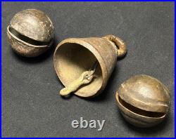 3x Indian S. E. Asian Antique Bronze Crotal & Clapper Bells (AHB)