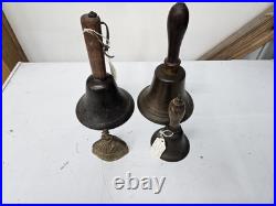 4 Antique Hand Held Country School Brass Bell with Wooden Handle Lot