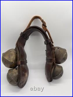 4 Large Antique Swedish Brass Sleigh Bells on Orig. Leather Straps, Great Sound