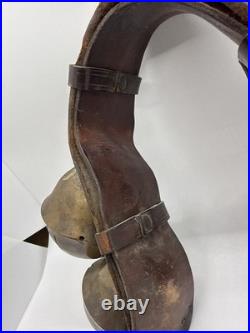 4 Large Antique Swedish Brass Sleigh Bells on Orig. Leather Straps, Great Sound