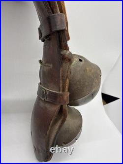 4 Large Antique Swedish Brass Sleigh Bells on Orig. Leather Straps, Great Sound