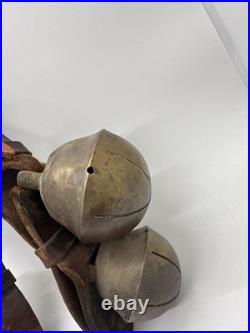 4 Large Antique Swedish Brass Sleigh Bells on Orig. Leather Straps, Great Sound