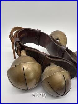 4 Large Antique Swedish Brass Sleigh Bells on Orig. Leather Straps, Great Sound