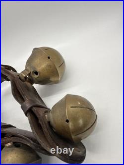 4 Large Antique Swedish Brass Sleigh Bells on Orig. Leather Straps, Great Sound