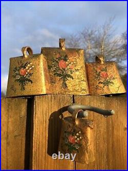 4 Lot Old Vintage Rivik Goat Cow Neck Brass Pasture Farm Bell Painted Flowers