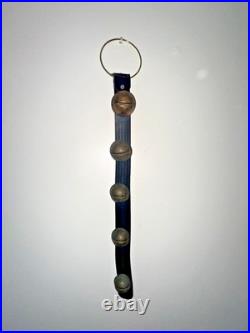 5 Antique Brass Sleigh Bells on 17 Leather Belt Strap, 5 Bells #5, #6, #7, #8, #9