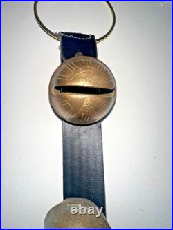 5 Antique Brass Sleigh Bells on 17 Leather Belt Strap, 5 Bells #5, #6, #7, #8, #9