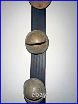 5 Antique Brass Sleigh Bells on 17 Leather Belt Strap, 5 Bells #5, #6, #7, #8, #9