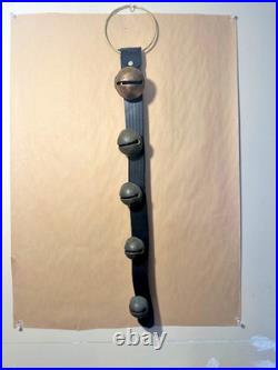 5 Antique Brass Sleigh Bells on 17 Leather Belt Strap, 5 Bells #5, #6, #7, #8, #9